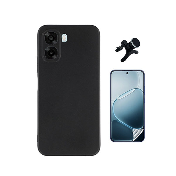 Kit Película Protectora de Hydrogel Frente + Capa Proteção Silicone + Suporte Reforçado de Carro GIFT4ME Para Oppo A6x - Preto