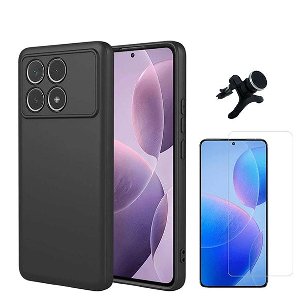 Kit Vidro Temperado Cleargorilasglass + Capa Proteção Traseira Silicone + Suporte Reforçado de Carro GIFT4ME Compativel Com Xiaomi Poco F6 Pro - Preto