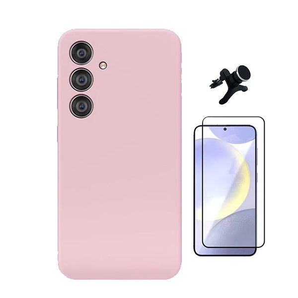 Kit Película de Vidro Temperado Gorilasglass + Capa Proteção Silicone + Suporte Reforçado de Carro Gift4Me Para Samsung Galaxy S25 + Plus - Rosa
