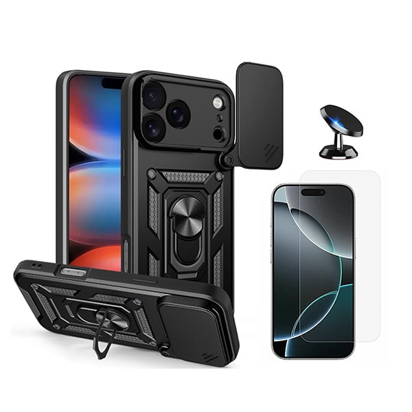 Kit Vidro Temperado Cleargorilasglass + Capa de Proteção Militar Magnética Janela + Suporte Magnético GIFT4ME Para Apple iPhone 18 Pro - Preto