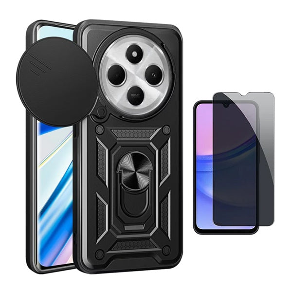 Kit Película de Vidro Temperado Privacidade + Capa de Proteção Militar Magnética Janela Gift4Me Para Xiaomi Redmi 14C 5G - Preto