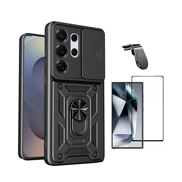 Kit Película de Vidro Temperado Gorilasglass + Capa de Proteção Militar Magnética Janela + Suporte de Carro Magnético L GIFT4ME Para Samsung Galaxy S26 Ultra - Preto
