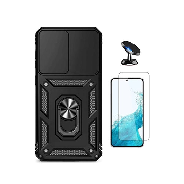 Kit Vidro Temperado Cleargorilasglass + Capa de Proteção Militar Magnética Janela + Suporte Magnético GIFT4ME Para Samsung Galaxy A37 5G - Preto