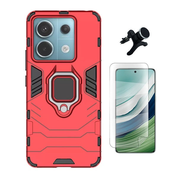 Kit Película Protectora de Hydrogel Frente + Capa de Proteção Militar Magnética + Suporte Magnético Com Pernas Gift4Me Para Xiaomi Redmi Note 13 - Vermelho