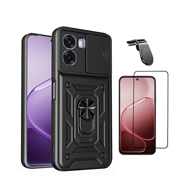 Kit Película de Vidro Temperado Gorilasglass + Capa de Proteção Militar Magnética Janela + Suporte de Carro Magnético L GIFT4ME Para Oppo A6x - Preto