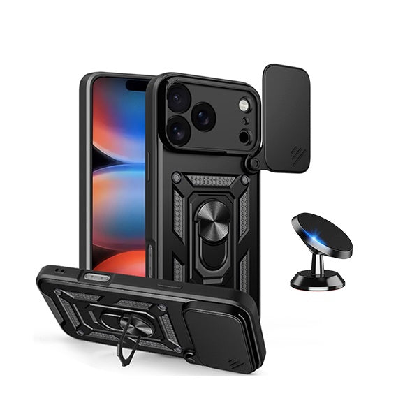 Kit Suporte Magnético + Capa de Proteção Militar Magnética Janela Deslizante GIFT4ME Para Apple iPhone 18 Pro Max - Preto