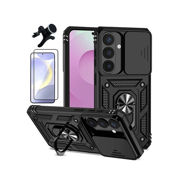 Kit Película de Vidro Temperado Gorilasglass + Capa de Proteção Militar Magnética Janela + Suporte Magnético Com Pernas GIFT4ME Para Samsung Galaxy S26 - Preto