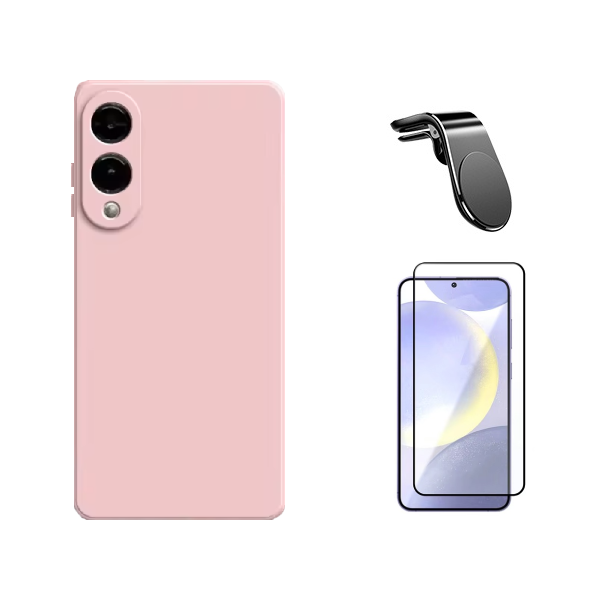 Kit Película de Vidro Temperado Gorilasglass + Capa Proteção Silicone + Suporte Magnético L Gift4Me Para Samsung Galaxy S25 Edge - Rosa