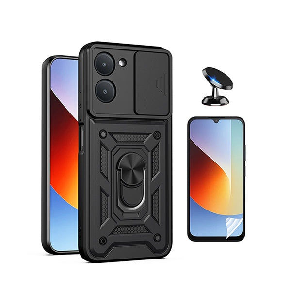 Kit Película Protectora de Hydrogel Frente + Capa de Proteção Militar Magnética Janela + Suporte Magnético GIFT4ME Para Xiaomi Redmi A7 4G - Preto