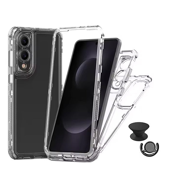 Kit Capa 360° Proteção Frente e Verso + 1 Handholder + 1 Suporte Handholder Preto GIFT4ME Para Samsung Galaxy S25 Edge 5G - Transparente/Preto