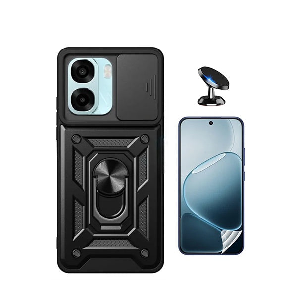 Kit Película Protectora de Hydrogel Frente + Capa de Proteção Militar Magnética Janela + Suporte Magnético GIFT4ME Para Oppo A6 5G - Preto