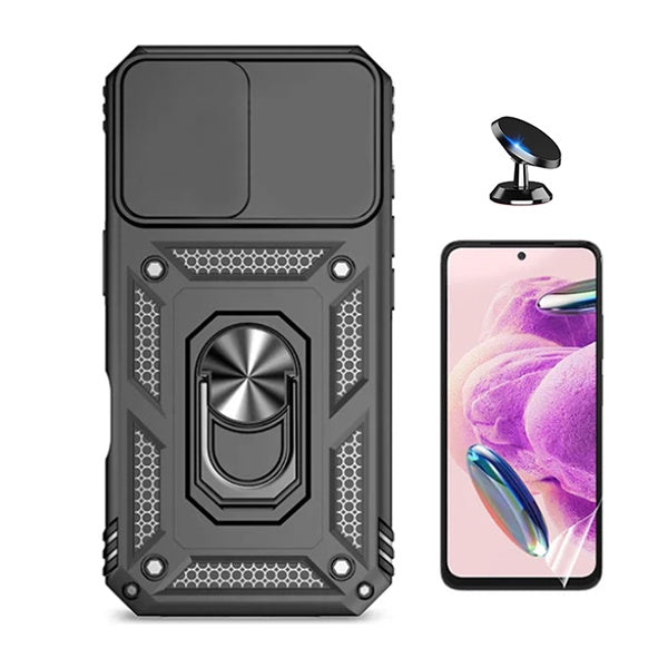 Kit Película Protectora de Hydrogel Frente + Capa de Proteção Militar Magnética Janela + Suporte Magnético GIFT4ME Para Xiaomi Redmi Note 13 4G - Preto