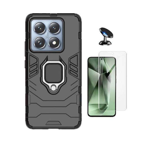 Kit Película Protectora de Hydrogel Frente + Capa de Proteção Militar Magnética + Suporte Magnético Gift4Me Para Xiaomi 14T Pro - Preto