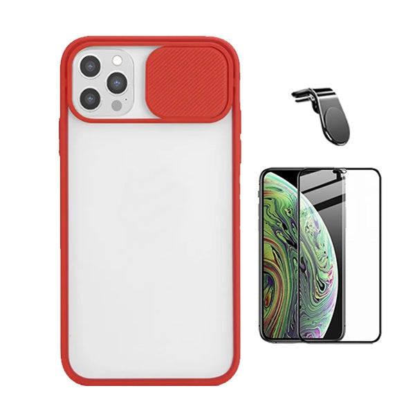 Kit Capa Proteção Camara Deslizante + Película de Vidro Temperado Gorilasglass + Suporte GIFT4ME Para Apple iPhone 12 Pro - Vermelho