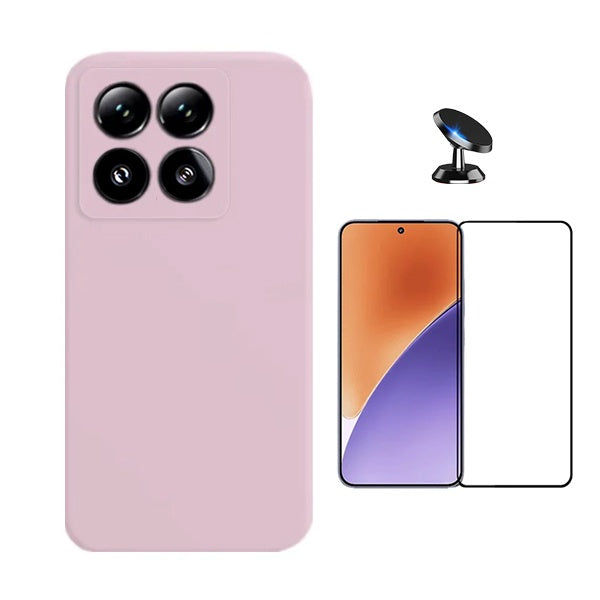 Kit Película de Vidro Temperado Gorilasglass Curvado + Capa Proteção Silicone + Suporte Magnético Gift4Me Para Xiaomi 15 Pro - Rosa