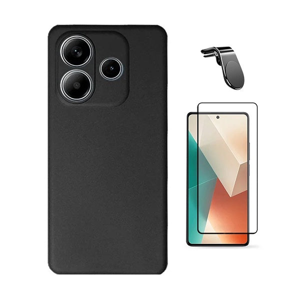 Kit Película de Vidro Temperado Gorilasglass + Capa Proteção Silicone + Suporte Magnético L Gift4Me Para Xiaomi Redmi Note 14 4G - Preto