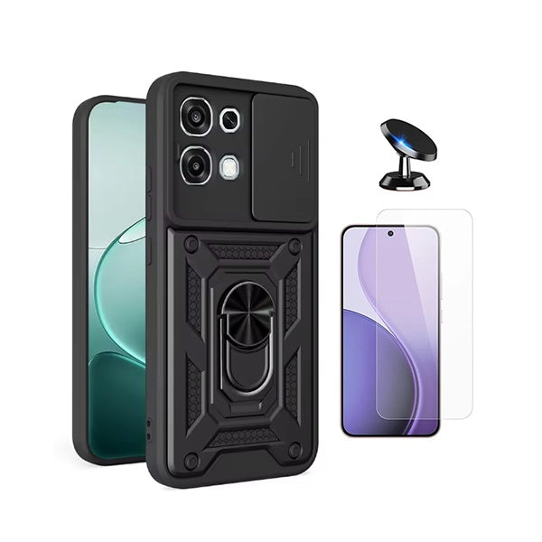 Kit Vidro Temperado Cleargorilasglass + Capa de Proteção Militar Magnética Janela + Suporte Magnético GIFT4ME Para Oppo A6 Pro 4G - Preto