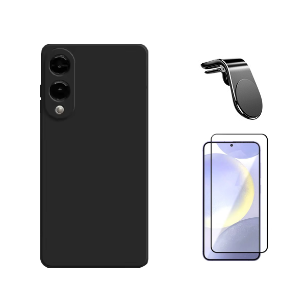 Kit Película de Vidro Temperado Gorilasglass + Capa Proteção Silicone + Suporte Magnético L Gift4Me Para Samsung Galaxy S25 Edge - Preto