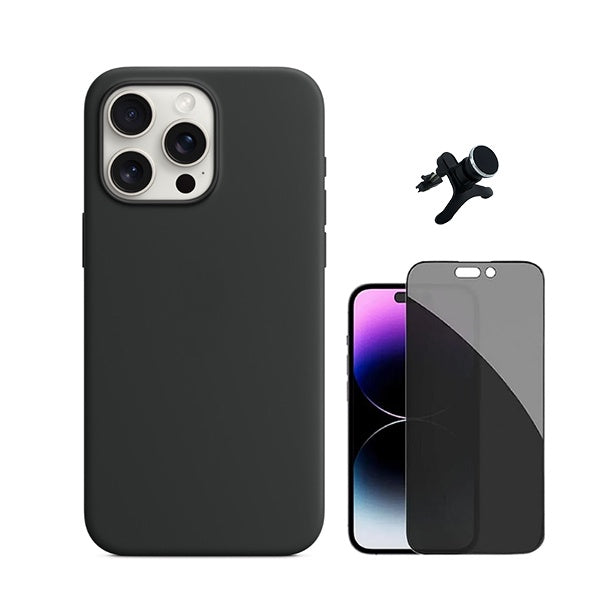 Kit Película de Vidro Temperado Privacidade + Capa Proteção Traseira Silicone + Suporte Reforçado de Carro GIFT4ME Compativel Com Apple iPhone 16 Pro Max - Preto