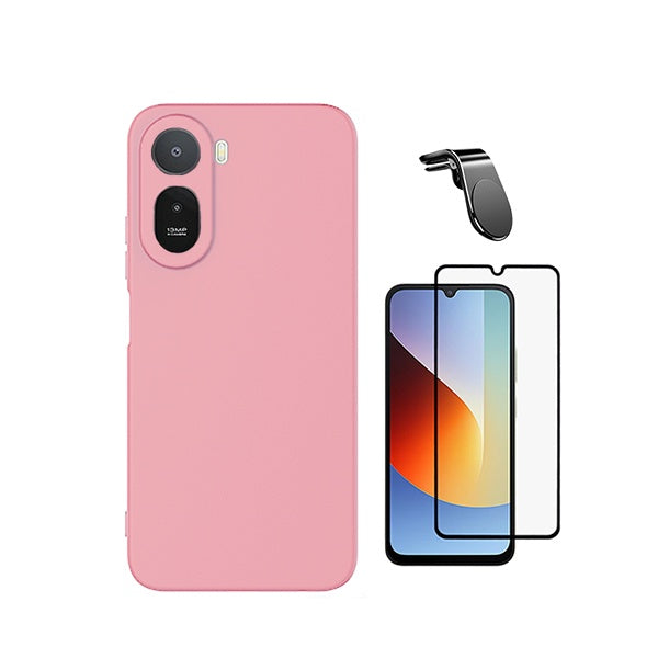 Kit Película de Vidro Temperado Gorilasglass + Capa Proteção Silicone + Suporte Magnético L GIFT4ME Para Xiaomi Redmi A7 Pro - Rosa