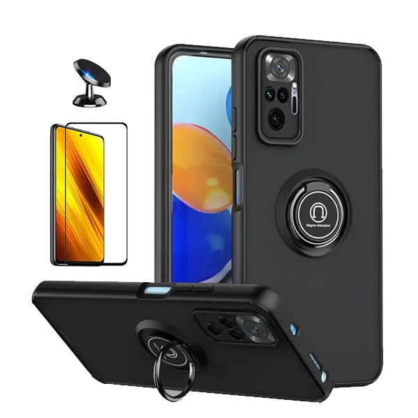 Kit Capa Anti-Impacto Clear com Anel + Vidro Temperado Gorilaglass + Suporte de carro GIFT4ME Para Xiaomi Redmi Note 10 Pro Max - Transparente/Preto