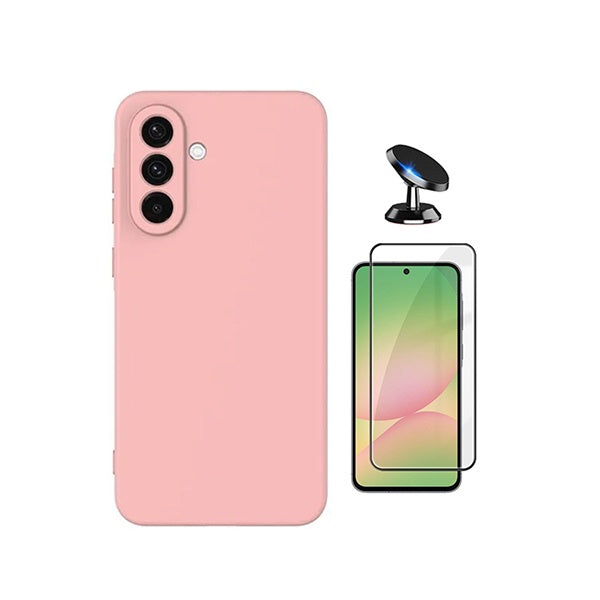 Kit Película de Vidro Temperado Gorilasglass + Capa Proteção Silicone + Suporte Magnético GIFT4ME Para Samsung Galaxy A37 5G - Rosa