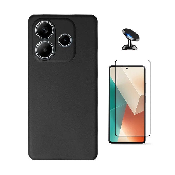 Kit Película de Vidro Temperado Gorilasglass + Capa Proteção Silicone + Suporte Magnético Gift4Me Para Xiaomi Redmi Note 14 4G - Preto