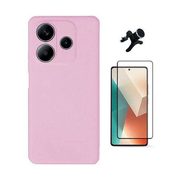 Kit Película de Vidro Temperado Gorilasglass + Capa Proteção Silicone + Suporte Reforçado de Carro Gift4Me Para Xiaomi Redmi Note 14 4G - Rosa