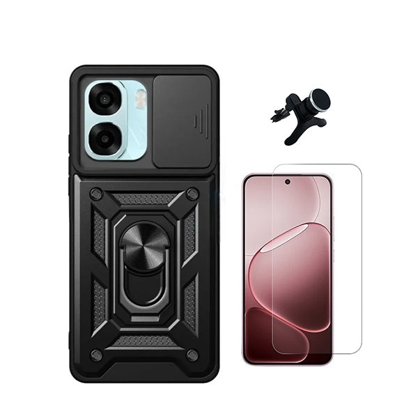 Kit Vidro Temperado Cleargorilasglass + Capa de Proteção Militar Magnética Janela + Suporte Magnético Com Pernas GIFT4ME Para Oppo A6 5G - Preto