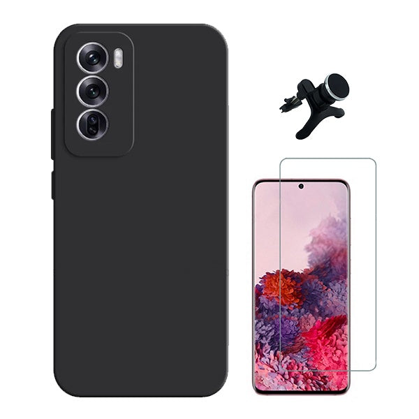 Kit Vidro Temperado Cleargorilasglass + Capa Proteção Traseira Silicone + Suporte Reforçado de Carro GIFT4ME Compativel Com Oppo Reno12 - Preto