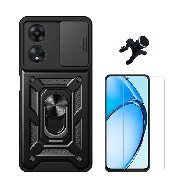 Kit Vidro Temperado Cleargorilasglass + Capa de Proteção Militar Magnética Janela + Suporte Magnético Com Pernas GIFT4ME Compativel Com Oppo A60 - Preto