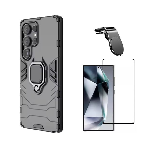 Kit Película de Vidro Temperado Gorilasglass + Capa de Proteção Militar Magnética + Suporte de Carro Magnético L GIFT4ME Para Samsung Galaxy S25 Ultra - Preto