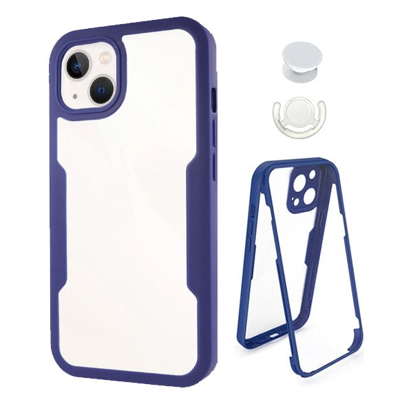 Kit Capa 360° Proteção Frente e Verso + 1 Handholder + 1 Suporte Handholder Branco Gift4Me Para Apple iPhone 13 Mini - Azul Escuro/Branco