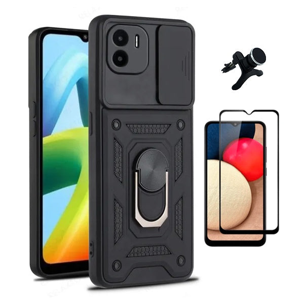 Kit Película de Vidro Temperado Gorilasglass + Capa de Proteção Militar Magnética Janela + Suporte Magnético Com Pernas Gift4Me Para Xiaomi Poco C50 - Preto