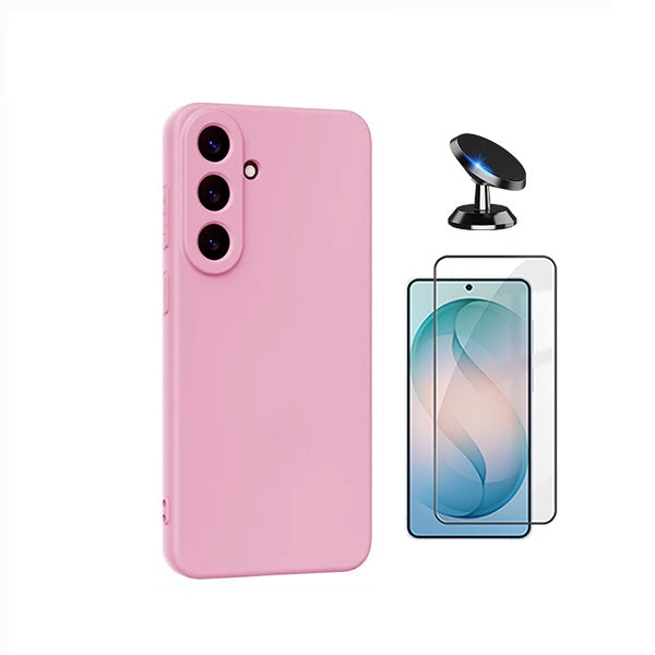 Kit Película de Vidro Temperado Gorilasglass + Capa Proteção Silicone + Suporte Magnético GIFT4ME Para Samsung Galaxy S26 FE - Rosa