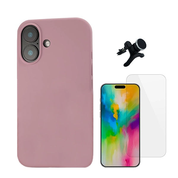 Kit Vidro Temperado Cleargorilasglass + Capa Proteção Traseira Silicone + Suporte Reforçado de Carro GIFT4ME Compativel Com Apple iPhone 16 - Rosa