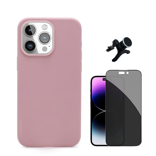 Kit Película de Vidro Temperado Privacidade + Capa Proteção Traseira Silicone + Suporte Reforçado de Carro GIFT4ME Compativel Com Apple iPhone 16 Pro Max - Rosa