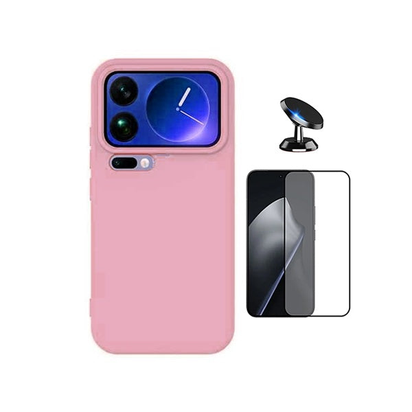 Kit Película de Vidro Temperado Gorilasglass + Capa Proteção Silicone + Suporte Magnético GIFT4ME Para Xiaomi 17 Pro Max 5G - Rosa