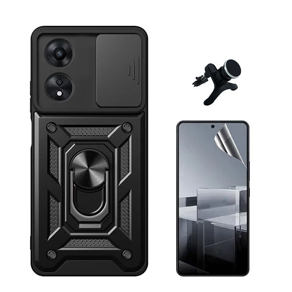 Kit Película Protectora de Hydrogel Frente + Capa de Proteção Militar Magnética Janela + Suporte Magnético Com Pernas GIFT4ME Compativel Com Oppo A60 - Preto