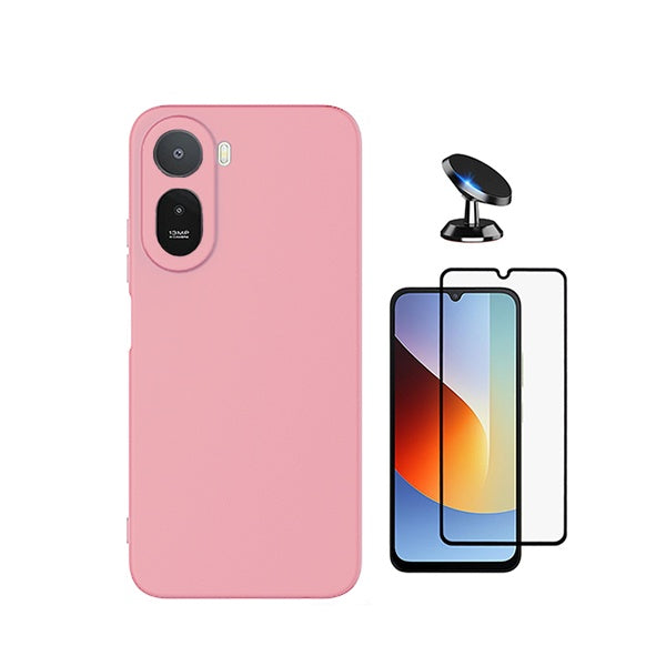 Kit Película de Vidro Temperado Gorilasglass + Capa Proteção Silicone + Suporte Magnético GIFT4ME Para Xiaomi Redmi A7 Pro - Rosa