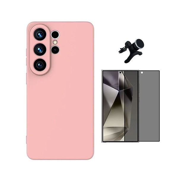 Kit Película de Vidro Temperado Privacidade + Capa Proteção Silicone + Suporte Reforçado de Carro GIFT4ME Para Samsung Galaxy S26 Ultra - Rosa