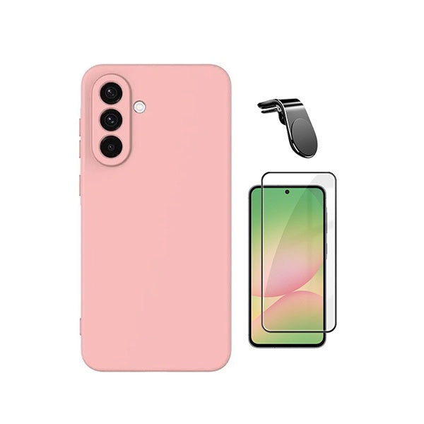 Kit Película de Vidro Temperado Gorilasglass + Capa Proteção Silicone + Suporte Magnético L GIFT4ME Para Samsung Galaxy A57 5G - Rosa