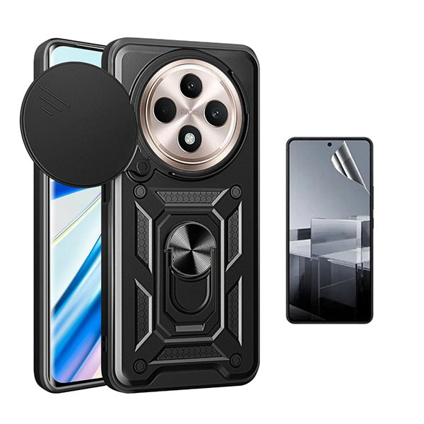 Kit Película Protectora de Hydrogel Frente + Capa de Proteção Militar Magnética Janela Gift4Me Para Oppo Reno12 F 5G - Preto