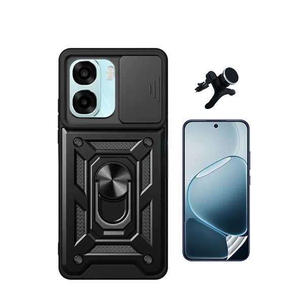 Kit Película Protectora de Hydrogel Frente + Capa de Proteção Militar Magnética Janela + Suporte Magnético Com Pernas GIFT4ME Para Oppo A6 - Preto
