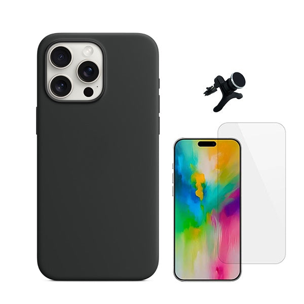 Kit Vidro Temperado Cleargorilasglass + Capa Proteção Traseira Silicone + Suporte Reforçado de Carro GIFT4ME Compativel Com Apple iPhone 16 Pro - Preto
