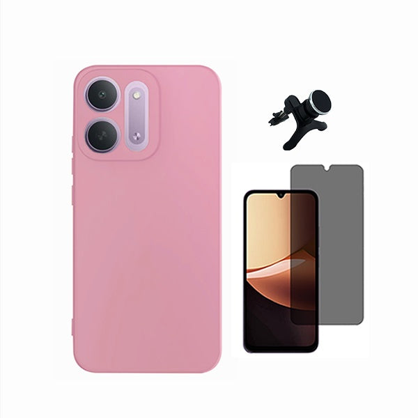 Kit Película de Vidro Temperado Privacidade + Capa Proteção Silicone + Suporte Reforçado de Carro GIFT4ME Para Xiaomi Redmi 17C 5G - Rosa