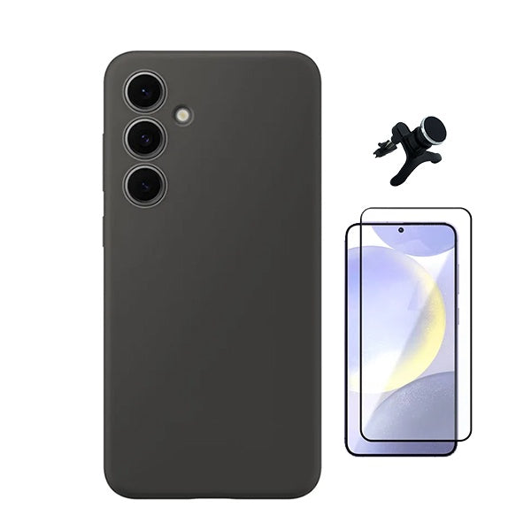 Kit Película de Vidro Temperado Gorilasglass + Capa Proteção Silicone + Suporte Reforçado de Carro Gift4Me Para Samsung Galaxy S25 - Preto