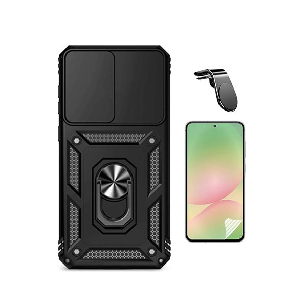 Kit Película Protectora de Hydrogel Frente + Capa de Proteção Militar Magnética Janela + Suporte de Carro Magnético L GIFT4ME Para Samsung Galaxy A57 5G - Preto