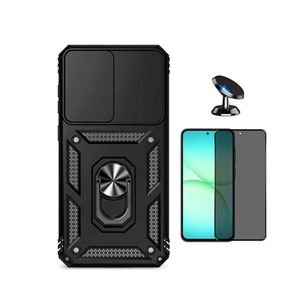 Kit Película de Vidro Temperado Privacidade + Capa de Proteção Militar Magnética Janela + Suporte Magnético GIFT4ME Para Samsung Galaxy A37 5G - Preto