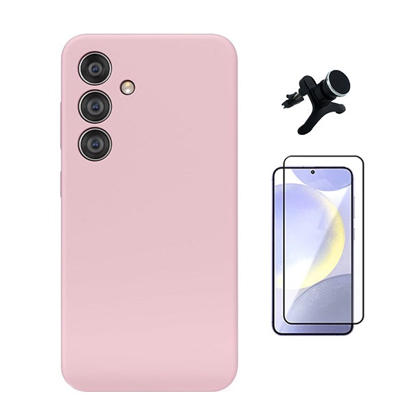 Kit Película de Vidro Temperado Gorilasglass + Capa Proteção Silicone + Suporte Reforçado de Carro Gift4Me Para Samsung Galaxy S24 FE - Rosa